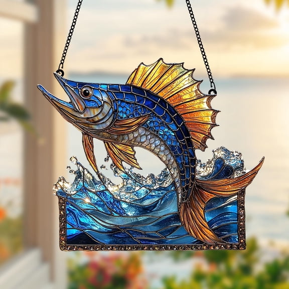 Jumping Marlin Acrylic Suncatcher fullxfull Ocean Fish Window Hanging with Splashing Waves, Nautical Decor Gift for Cabin or Fisherman