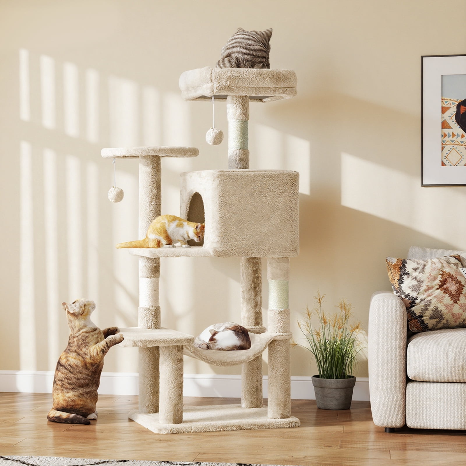 CONCETTA 44in Multi Level Cat Tree Tower,Cat Scratching Posts with Large Top Perch and Hammock,Beige