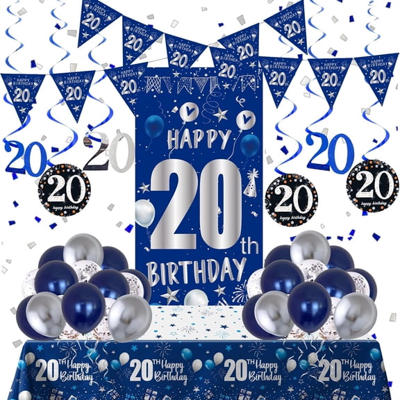 20th Birthday Decorations for Men Boys, Blue Silver Happy 20th Birthday Decorations Boys Girls with Bday Backdrop Banner Balloons Hanging Swirls Triangle Flag, 20 Year Old Party Supplies for Him