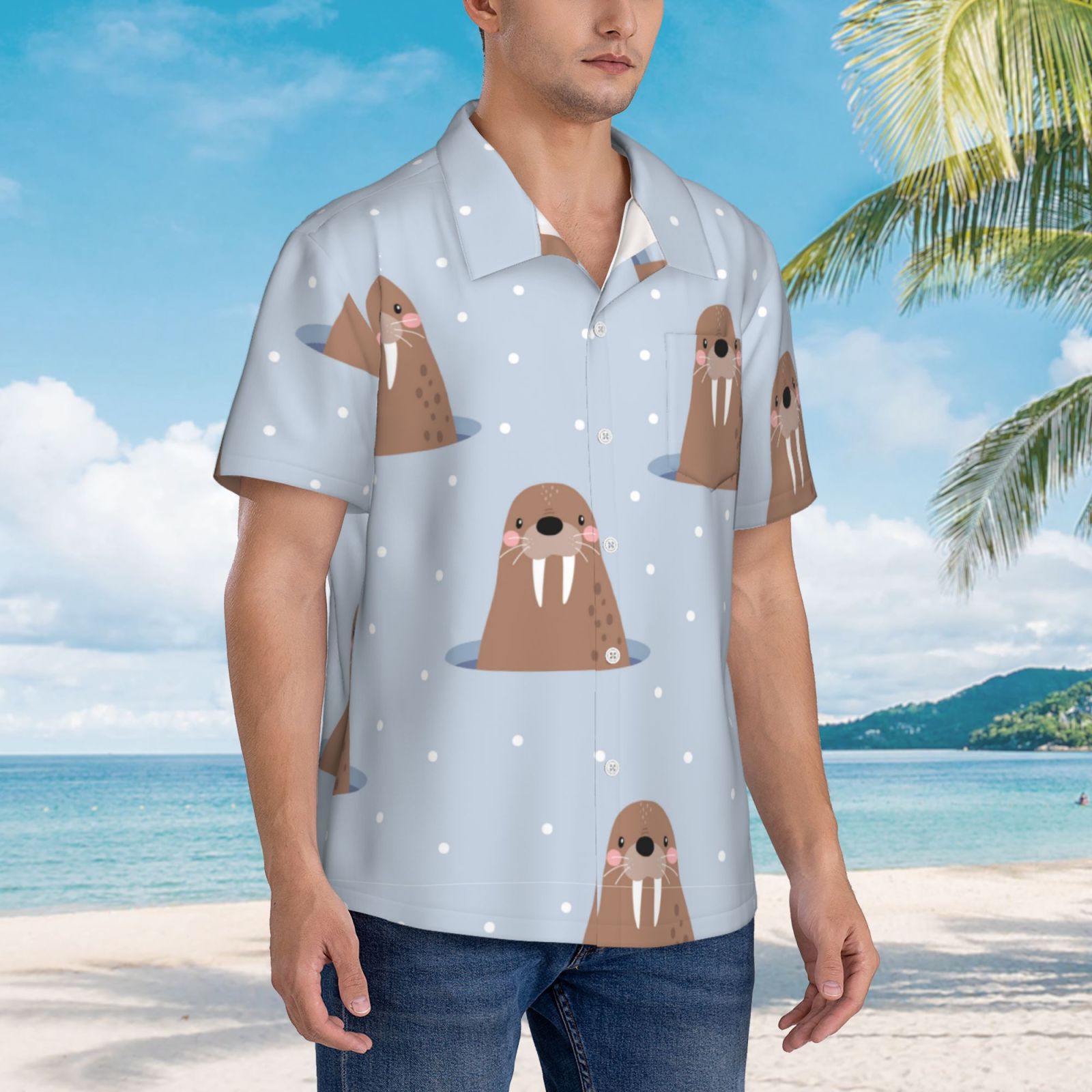 Logiee Playful Walrus Wonders Print Mens Hawaiian Shirts,Loose-Fit Short Sleeve Button Down Tropical Aloha Beach Shirt,Summer Vacation Wedding Tops,3X-Large