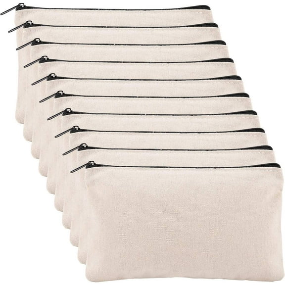 Heldig 10 Pack Blank DIY Craft Bag Canvas Pen Pencil Case- Cotton Canvas Invoice Bill Bag Makeup Bag Cosmetic Bag Multipurpose Travel Toiletry Pouch with Black Zipper 7.2 X 5 InchesB