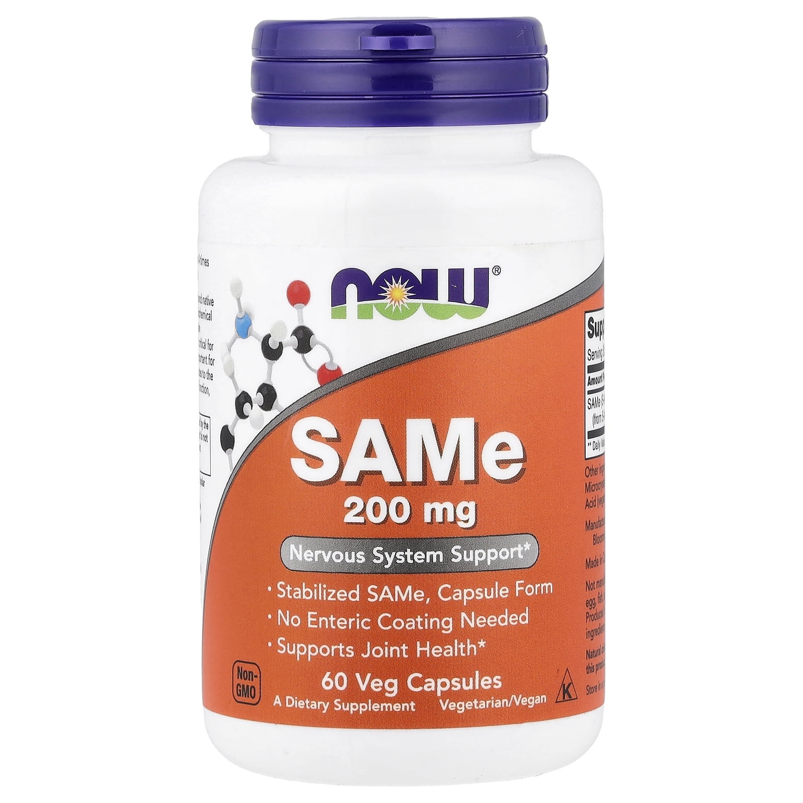 NOW Foods Supplement, SAMe (Disulfate Tosylate), Nervous System Support, 200 mg, 60 Veg Capsules