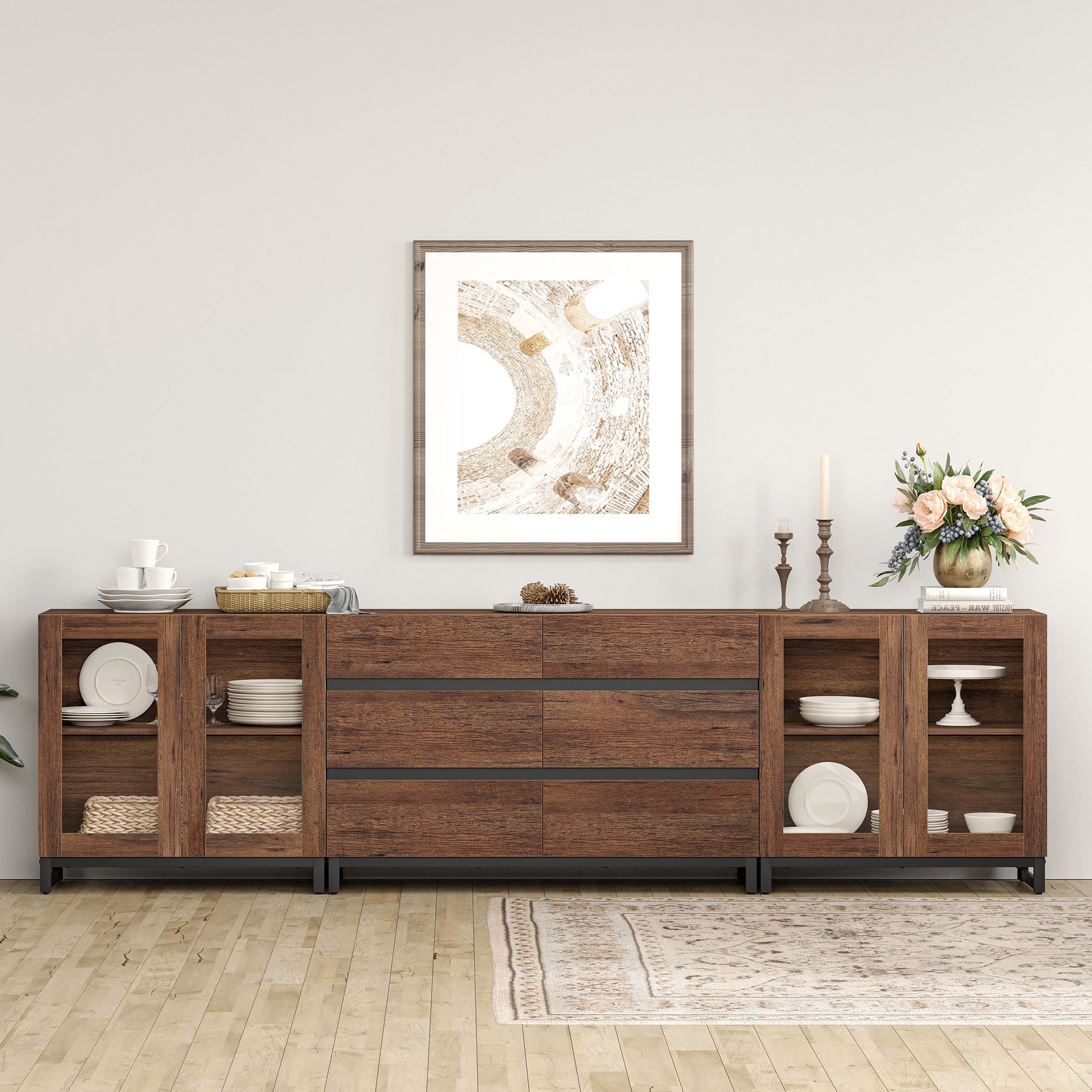 3 In 1 Multifunctional Sideboard Buffet Cabinets With Glass Doors And 6 Drawers, Modern Sideboard Credenza With Adjustable Shelf And Metal Base, Brown