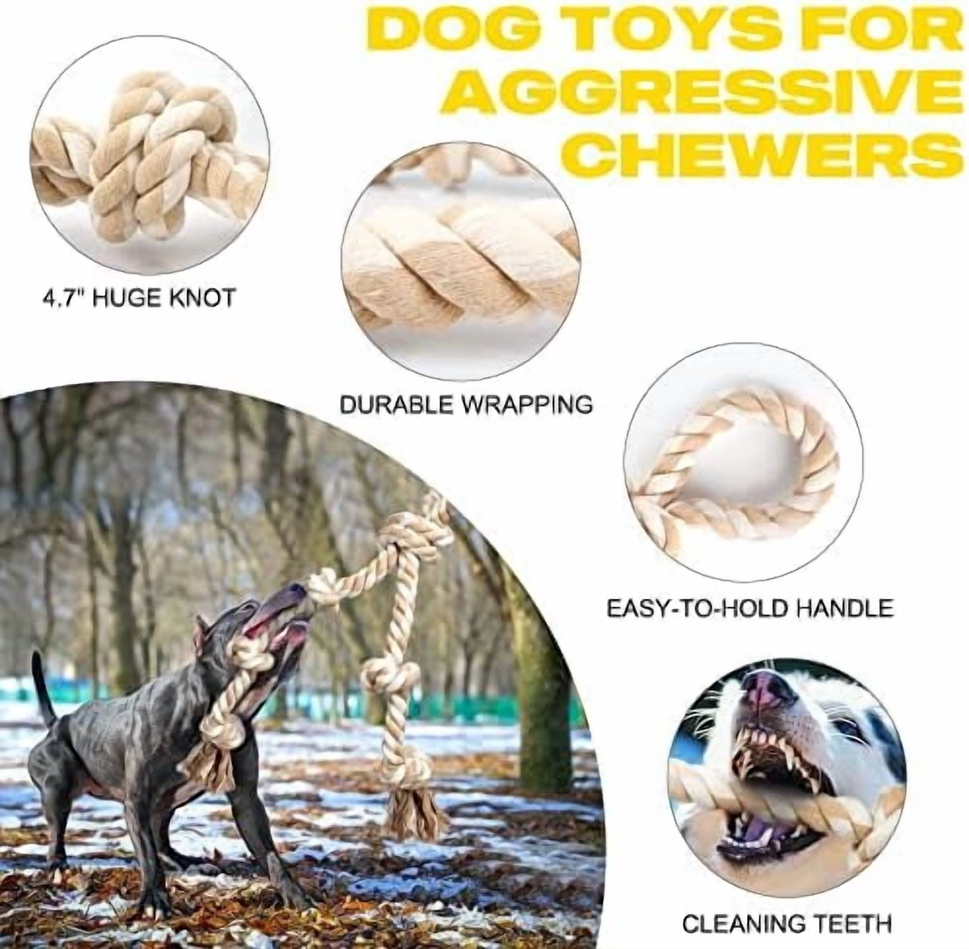 Dog Rope Toys for Aggressive Chewers,Large Dog Toy Designed for Tug of War, Tough Dog Rope Toy Indestructible Made of Undyed Natural Cotton, 29" Large Dog Toys with 3 Big Knots and a Handle