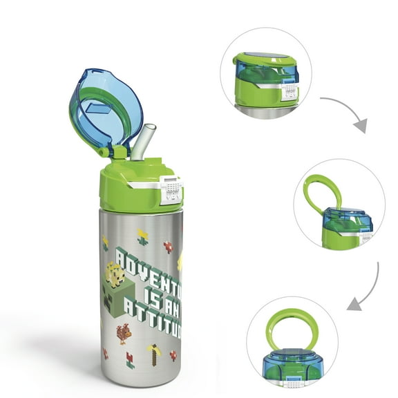 Zak Designs Kids 19.5 oz. Durable Stainless Steel Water Bottle with Flip Lip and Carry Loop, Minecraft