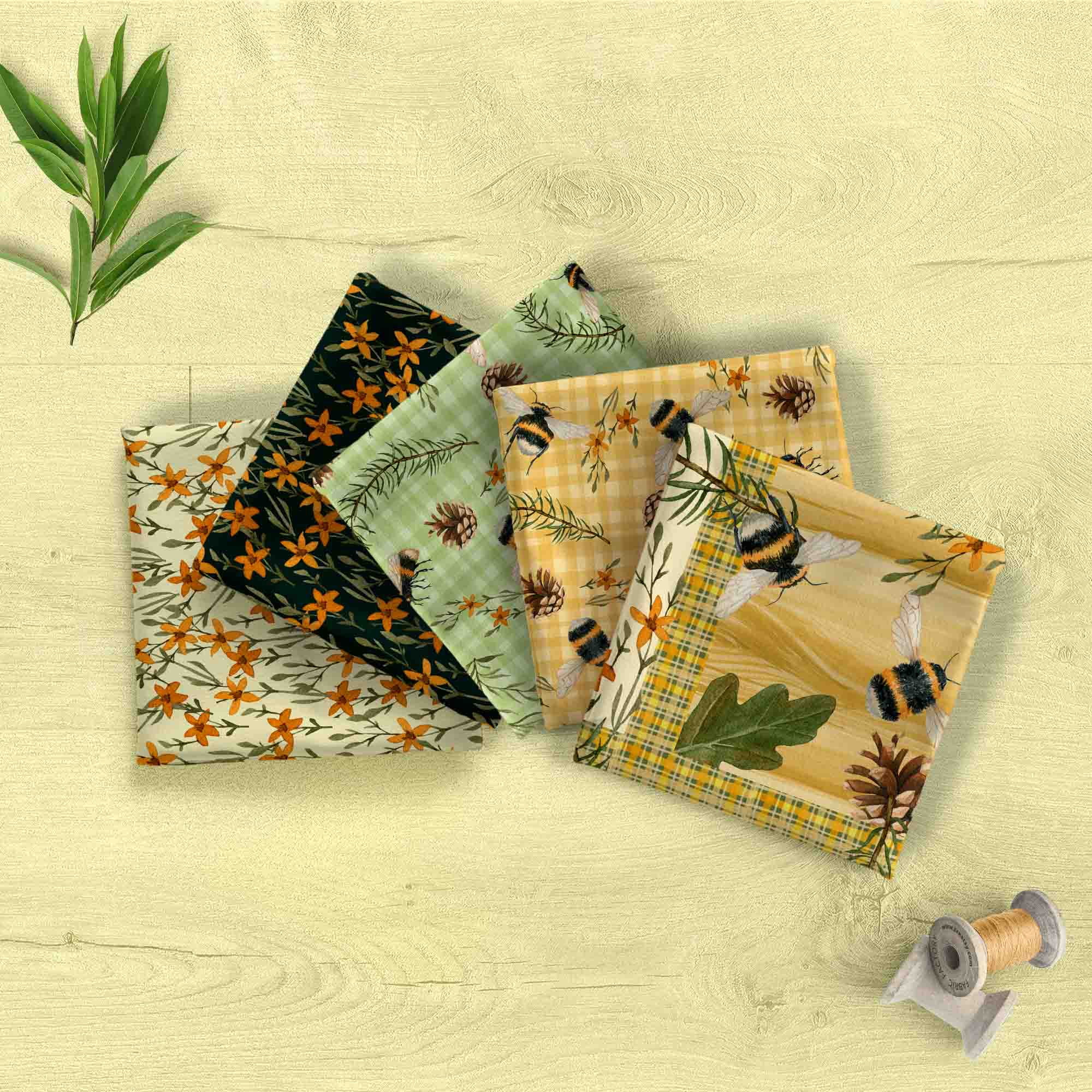 David Textiles 18" x 21" 100% Cotton Bee Story, Multi-color, for Quilting & Sewing, 5 Pieces