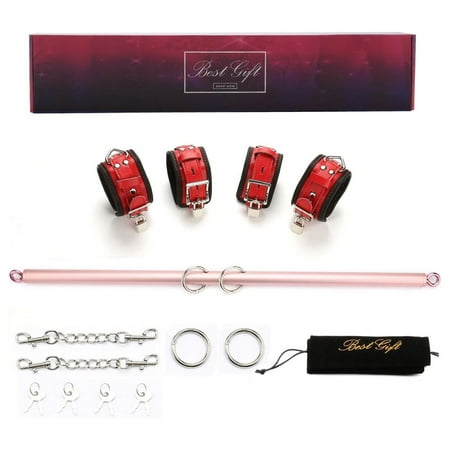 

Adjustable Black Meatal Spreader Bar with Red Leather Straps Set