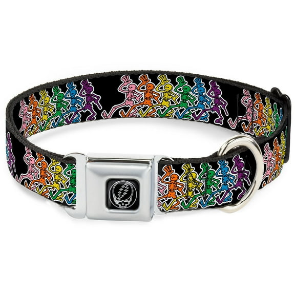 Grateful Dead Pet Collar, Dog Collar Metal Seatbelt Buckle, Dancing Skeletons Black Multi Color, 13 to 17 Inches 1.5 Inch Wide
