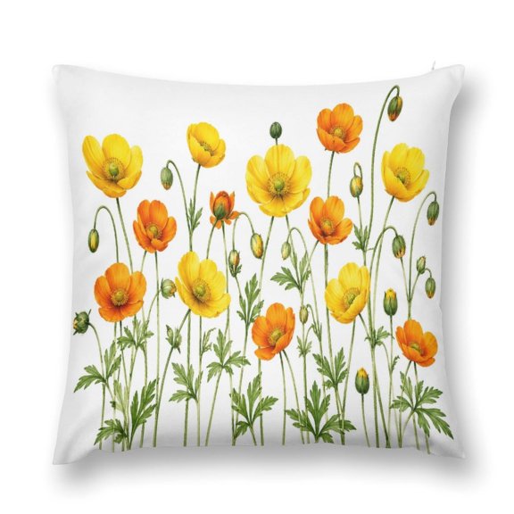 Patifu Yellow Orange Poppy Floral Illustration Decorative Pillowcase, Sofa, Bedroom, and Living Room Holiday Season Home Decor Cushion Cover,