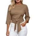thumbnail image 2 of Favoffer Bandage Blouse Tops Women's 3/4 Sleeve Round Neck Solid Detail Shirts Regular Fit Casual Tops Summer Street Daily, 2 of 5