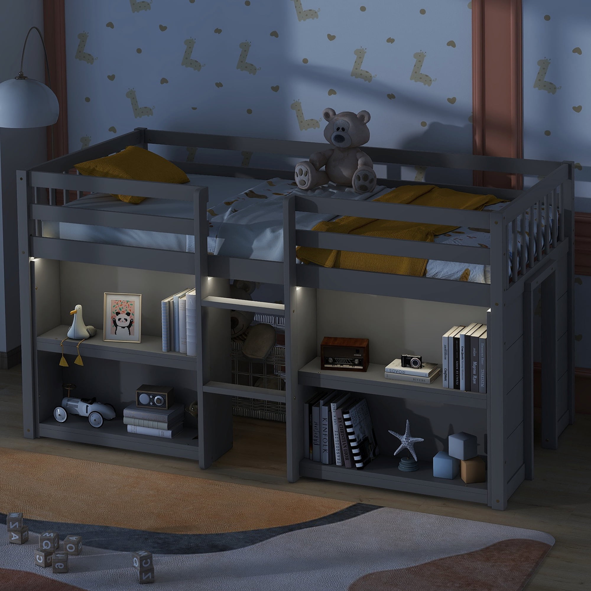 Twin Size Low Loft Bed with Two-Tier Shelves, Wooden House Loft Bed with Storage for Books & Toys, Space Saving for All Ages, Multi-Functional, Grey