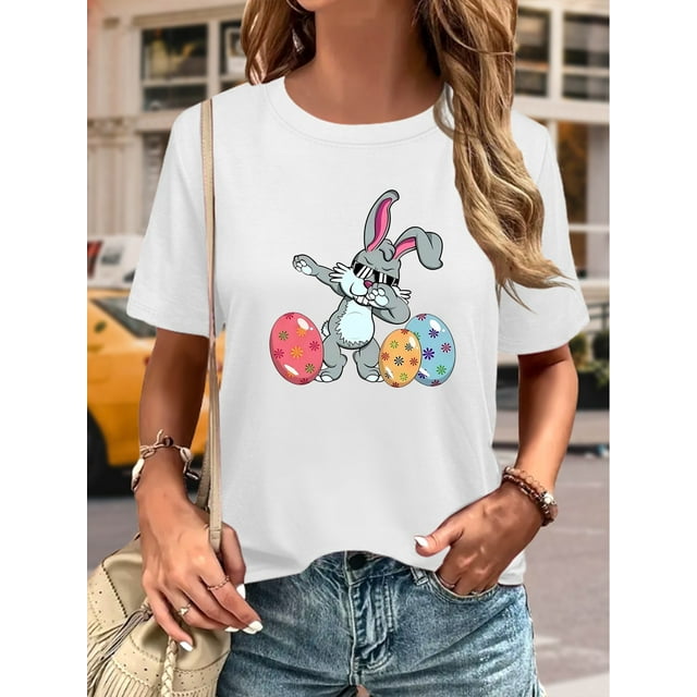 Easter Wearing Sunglasses Playing Cool Dancing Bunny Egg Print Round Neck T-Shirt, Stretch Short Sleeve