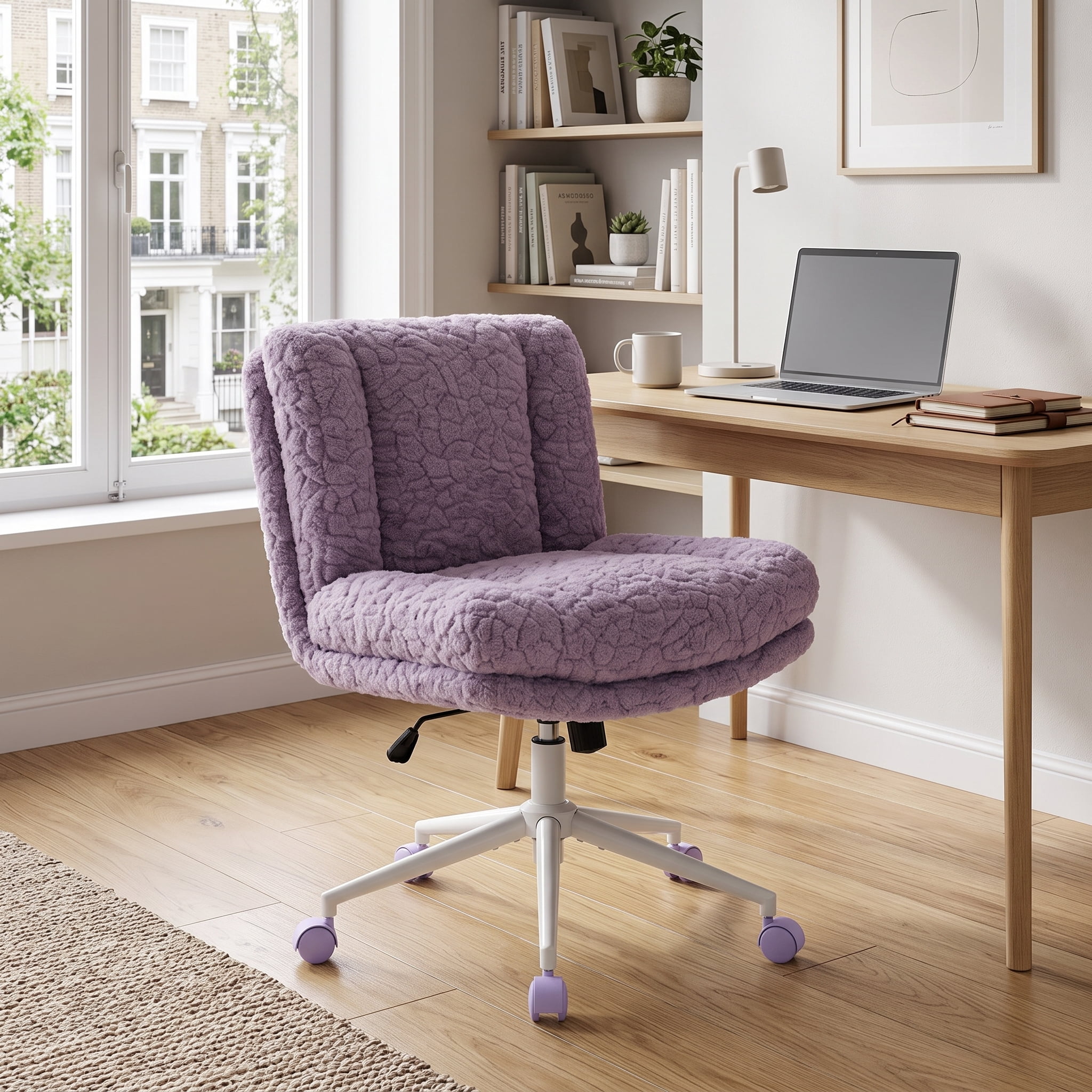 26.4" Wider Seat Office Chair, Artificial Rabbit Hair Home Chair with Metal Base, Adjustable Desk Chair Swivel Office Chair, Vanity Chair (Violet)
