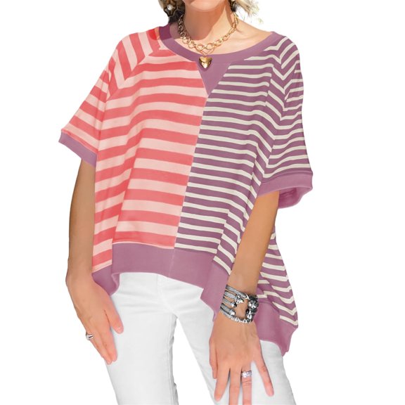 Women Oversized Summer Short Sleeve Striped Color Block Loose Fit Tops T Shirts