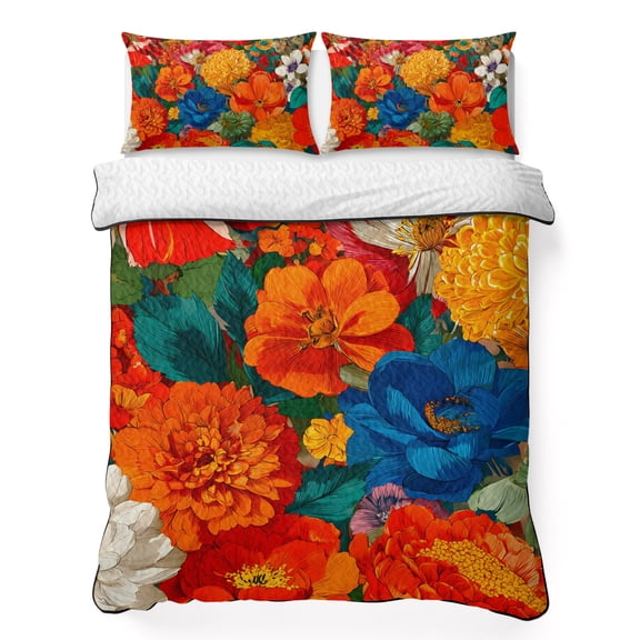 King Quilt Bedding Set, Watercolor Boho Blue Red Orange Flowers 3 Piece Bedding Set Lightweight Breathable Quilt with 2 Pillow Shams, Vintage Floral Soft Microfiber Summer Comforter for Hot Sleepers