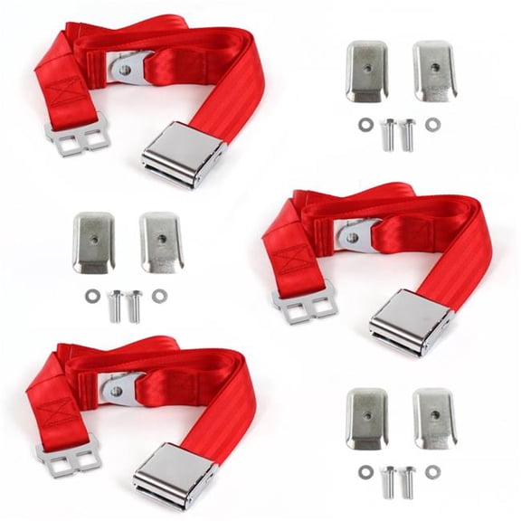 SafeTboy 678814 Ford 1949-1951 Airplane 2 Point Red Lap Bench Seat Belt Kit with Bracketry - 3 Belts