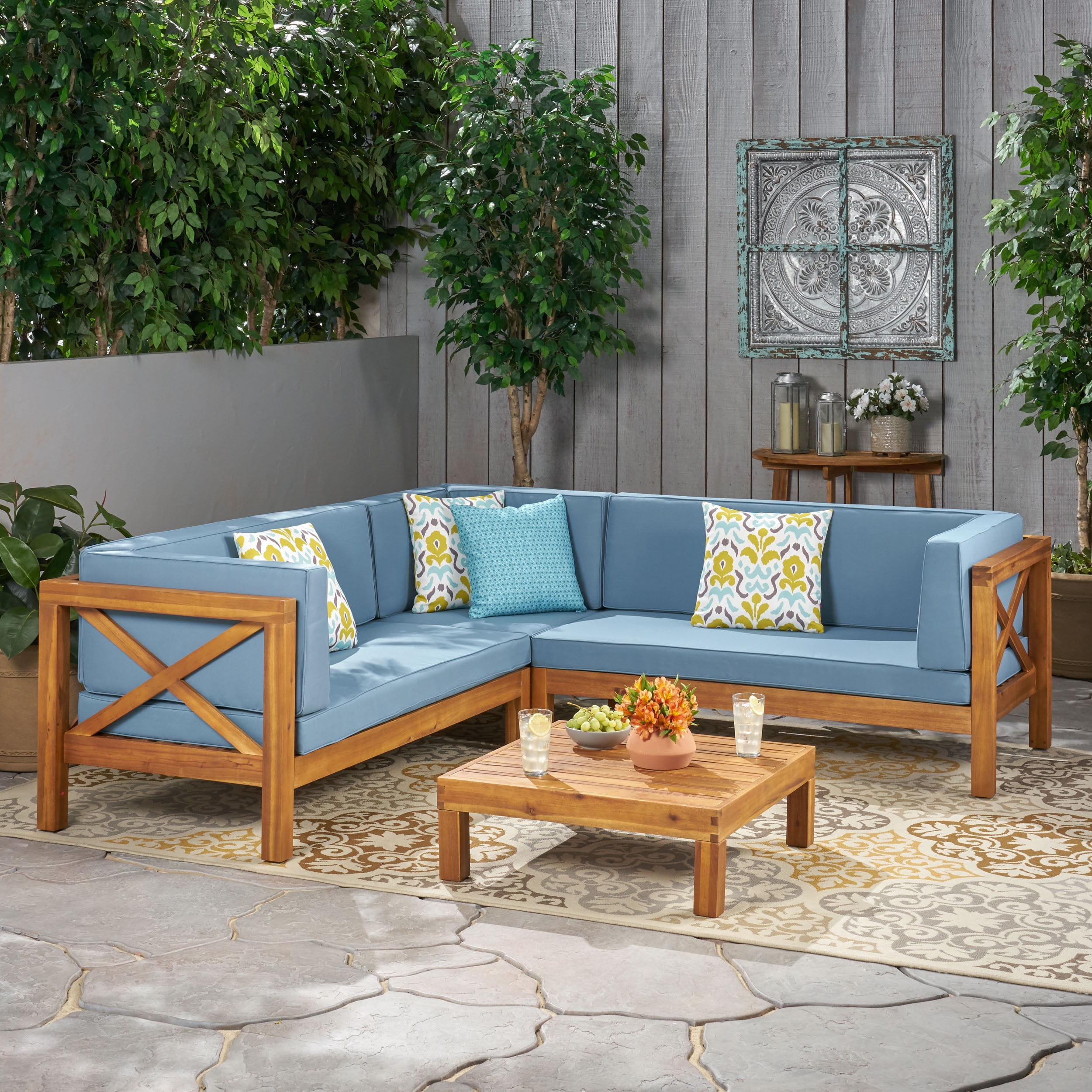 Beau 4 Piece Outdoor X Back Wooden Sectional Set with Cushions