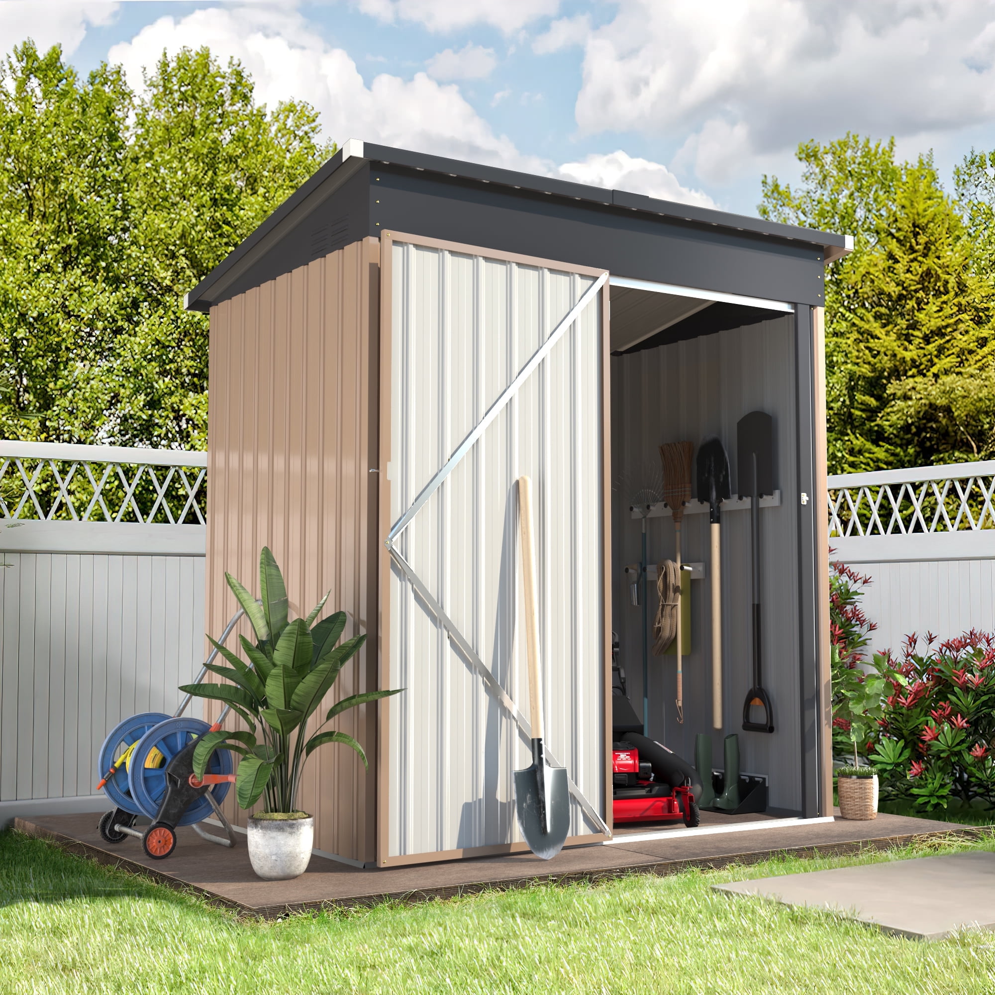 YODOLLA, Outdoor Metal Steel Storage Shed, 5' x 3', Brown