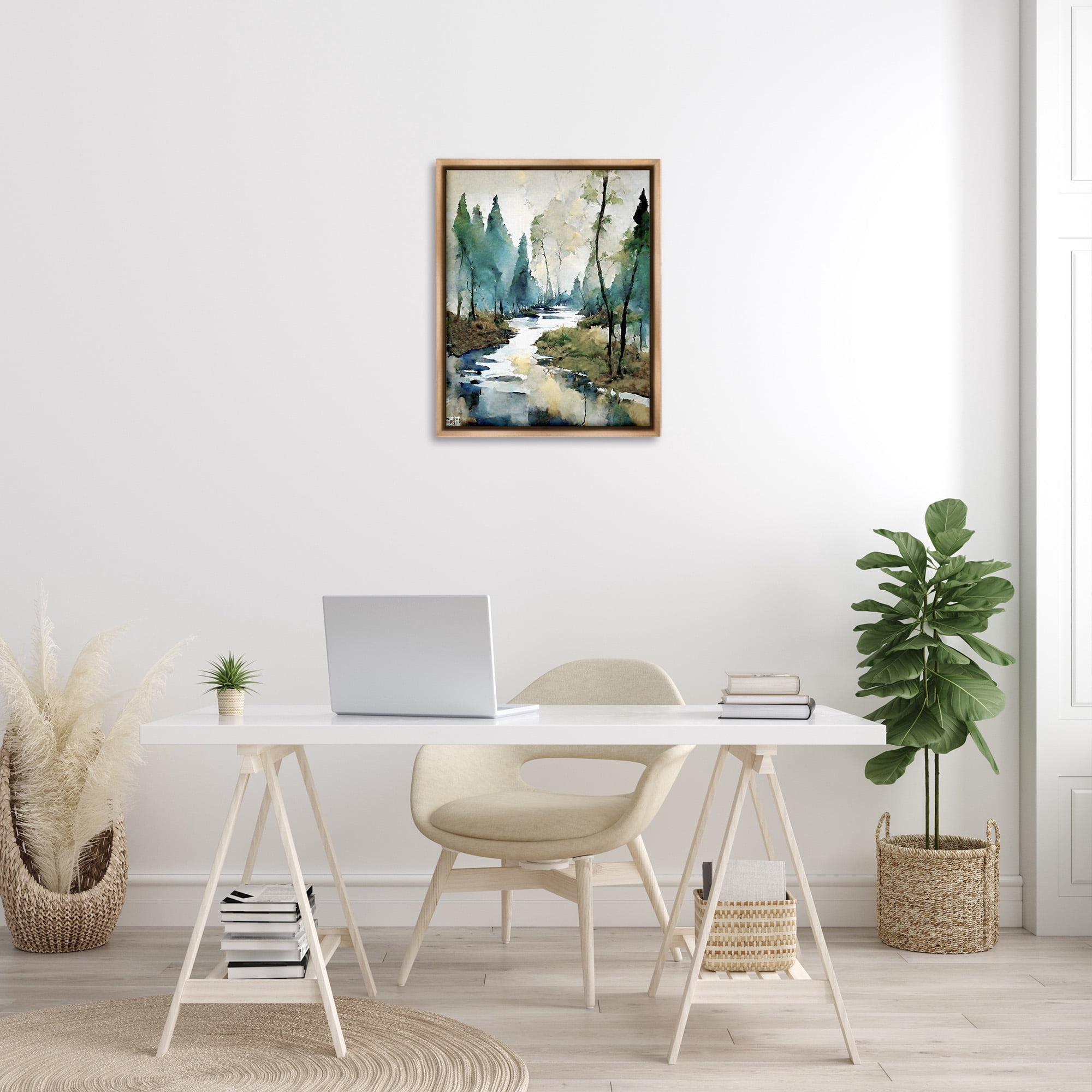 Stupell Industries Watercolor Creek Landscape Landscape Painting Brown Floater Framed Canvas Art Print Wall Art, 25 x 31