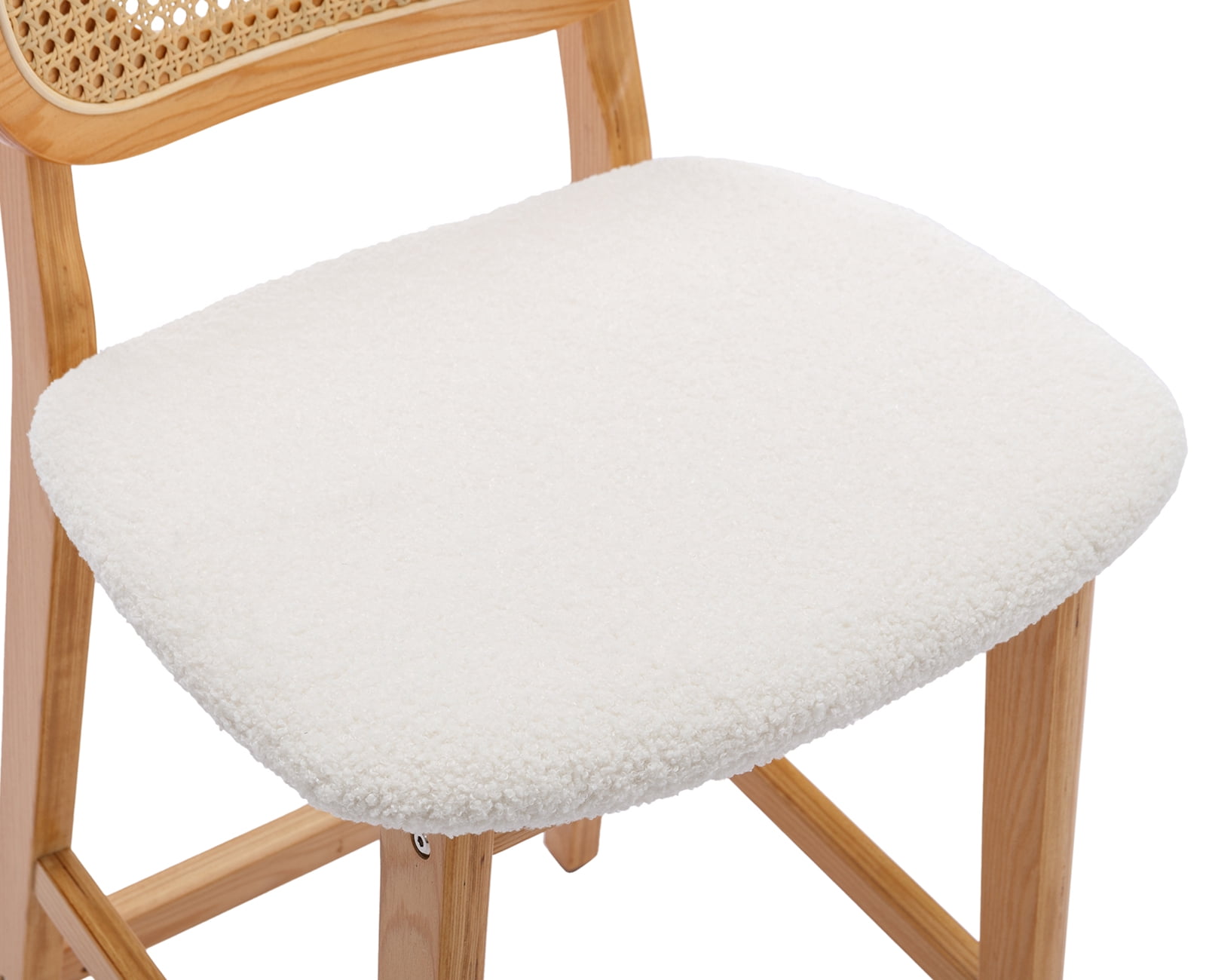 Dayalane Rattan Counter Height Bar Stools Set of 2, 26" Mid Century Modern Wood Farmhouse Barstools with Footrest, Sherpa Upholstered Kitchen Island Chairs for Pub Restaurant, White