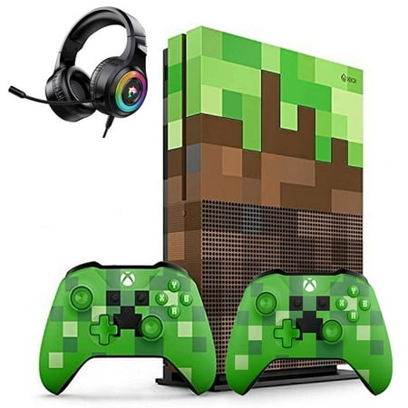 Pre-Owned Microsoft 23C-00001 Xbox One S Minecraft Limited Edition 1TB Gaming Console with 2 Controller Included BOLT AXTION Bundle (Refurbished: Like New)