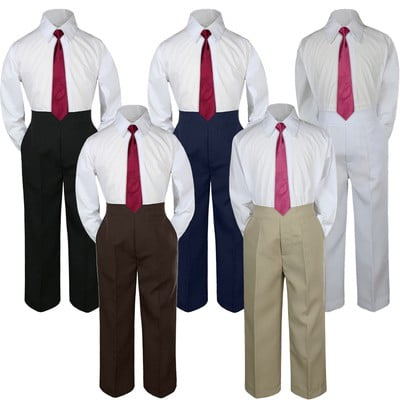3pc Burgundy Marron Tie Suit Shirt Pants Set Baby Boy Toddler Kid Uniform S-7
