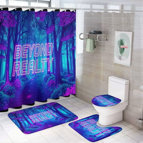 Shower Curtain Set 4 Piece include Shower Curtain and Rugs and Non Slip U Shaped Toilet Rugs Luxury Bathroom Decor Virtual Forest Neon Cyber
