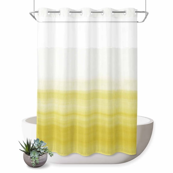 No Hook Shower Curtain with Built-in Rings - Yellow White Washable Waterproof Fabric Bathroom Curtains for Hotel,Rentals, 60 X 72 Inch Long , Abstract Modern Brush Strokes