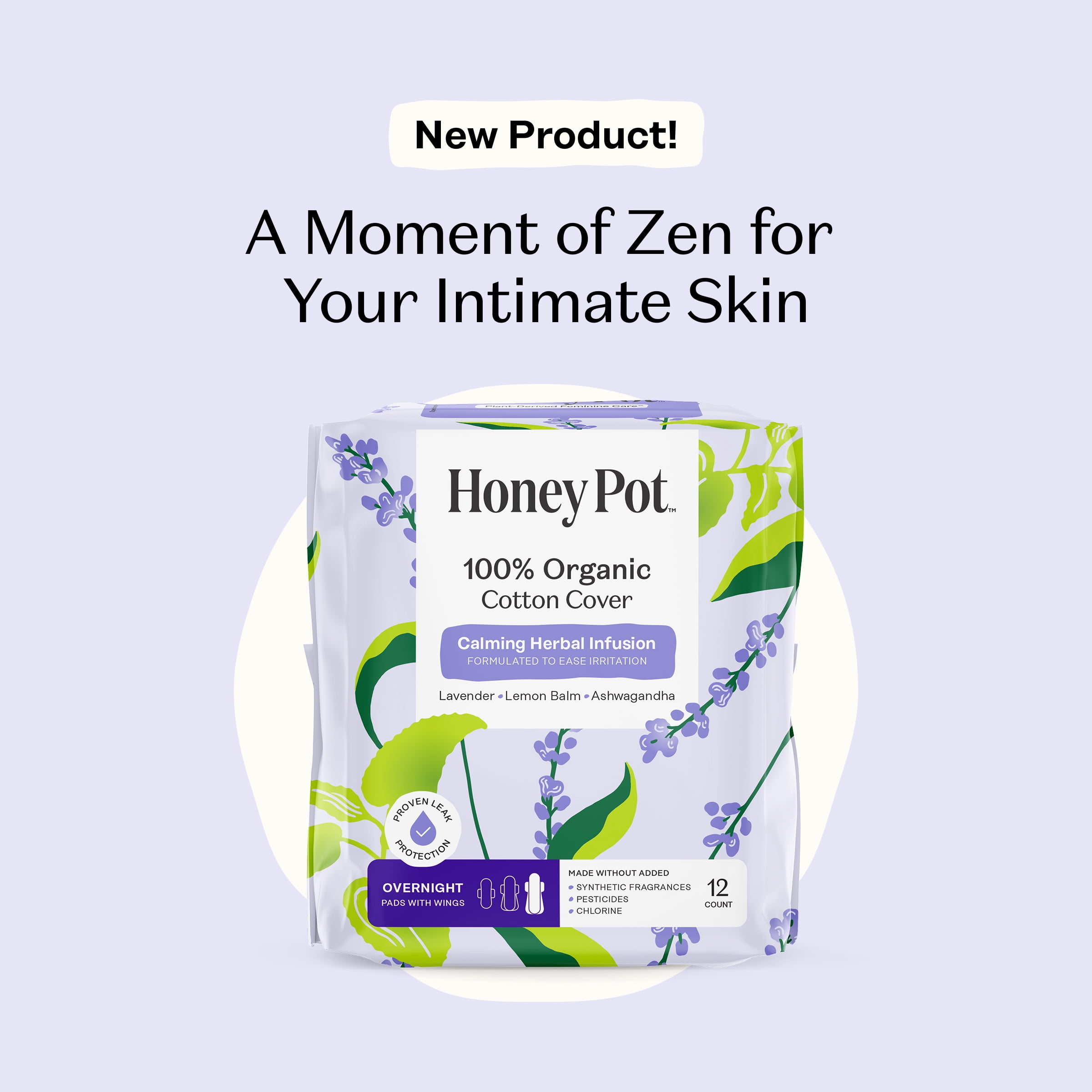 Honey Pot 100% Organic Cotton Cover Calming Herbal Infusion Overnight Pads, 12 Count
