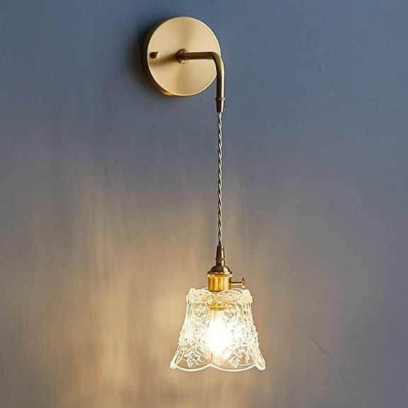 Pattern Glass Wall Mount Light Copper Wall Sconce Antique Hanging Wall Lamp, Indoor Vanity Wall Lighting Fixture E27 Headboard Sconces for Living Room Bedroom Bedside