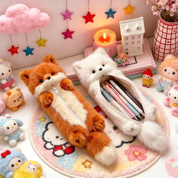 Back to School Cute Fox Plush Pencil Case, Fluffy Animal Doll Pencil Pouch, Soft Furry Kawaii Stationery Pouch for Girls, Students