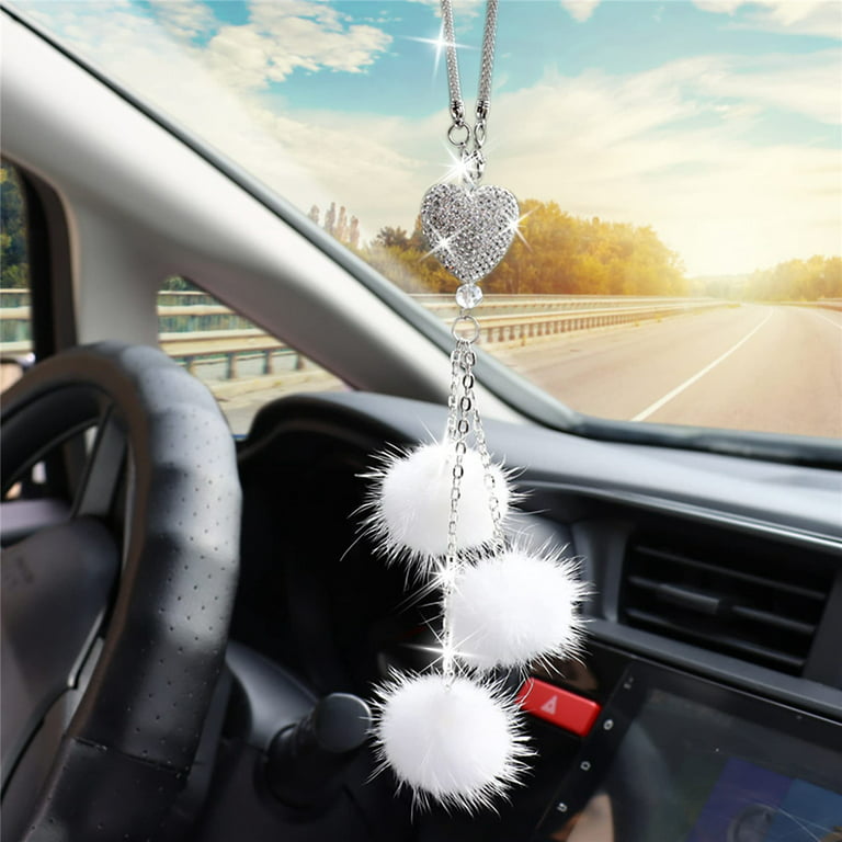 Bling Car Accessories for Women ＆ Men Bling White Heart and White Fuzzy  Drops Bling Rinestones Diamond Car Accessories Crystal Car Rear View Mirror  Charms,Lucky Hanging Accessories (White) 