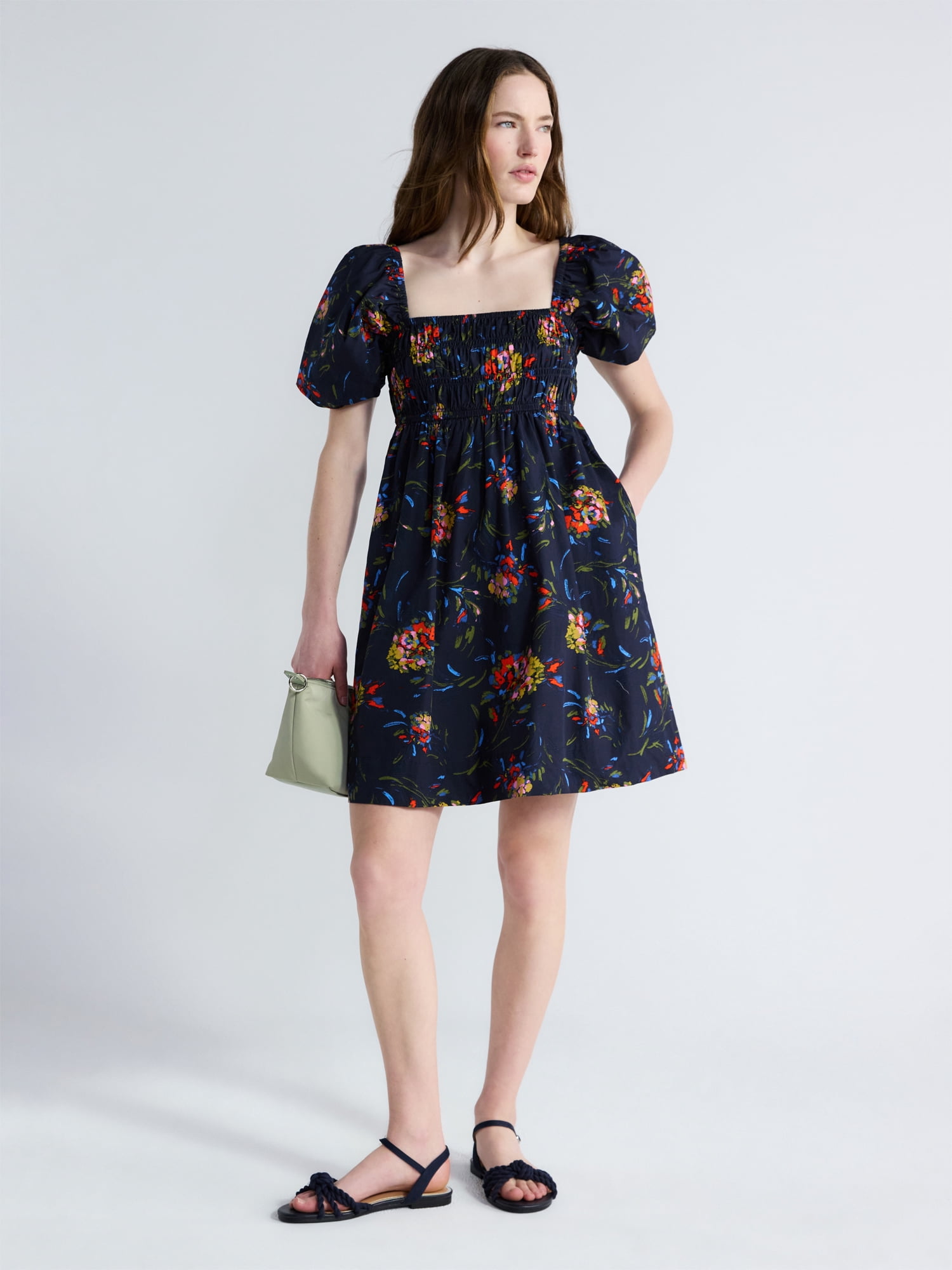 puff sleeve peasant mini dress in soft rayon Free Assembly Women's and Women's Plus Puff Sleeve Peasant Mini Dress,  Sizes XS to 4X