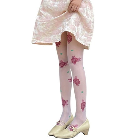 

French Women Elegant Silky Pantyhose Colorful Rose Flower Tattoo Tights Stocking