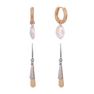 The Pioneer Woman - Women's Jewelry, Gold-tone Huggie Hoop Freshwater Pearl Drop and Two-tone Teardrop Duo Earring Set