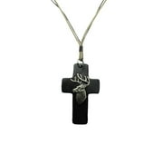 Stainless Steel Fashion leather necklace with a deer on a cross pendant.