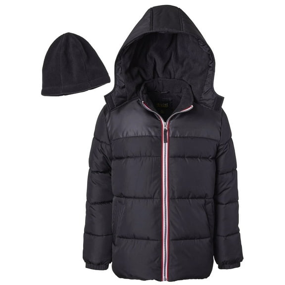 Ixtreme BLACK Big Boy's Canvas Yoke Puffer Jacket with Fleece Hat Set, US Large