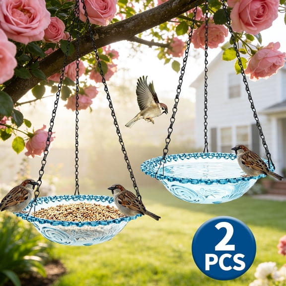 Hanging Bird Feeders - Blue Plastic Bird Water Bowls for Outdoor Garden and Yard Decor,2 Pcs