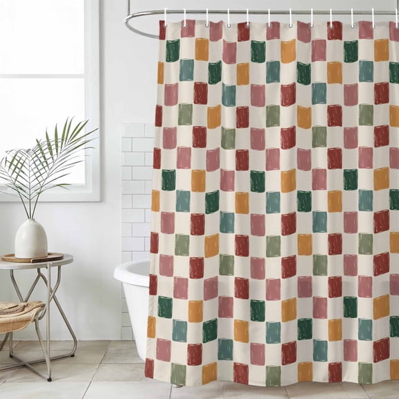 Colorful Checkered Extra Long Shower Curtain Set, Waterproof Shower Curtains for Bathroom, Vintage Plaid Grid Geometric Beige Washable Fabric Bath Curtain for Bathtub with Hooks 72x96 Inches