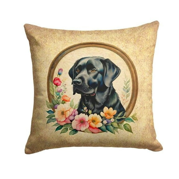 14 x 14 in. Unisex Black Labrador Retriever & Flowers Fabric Decorative Pillow