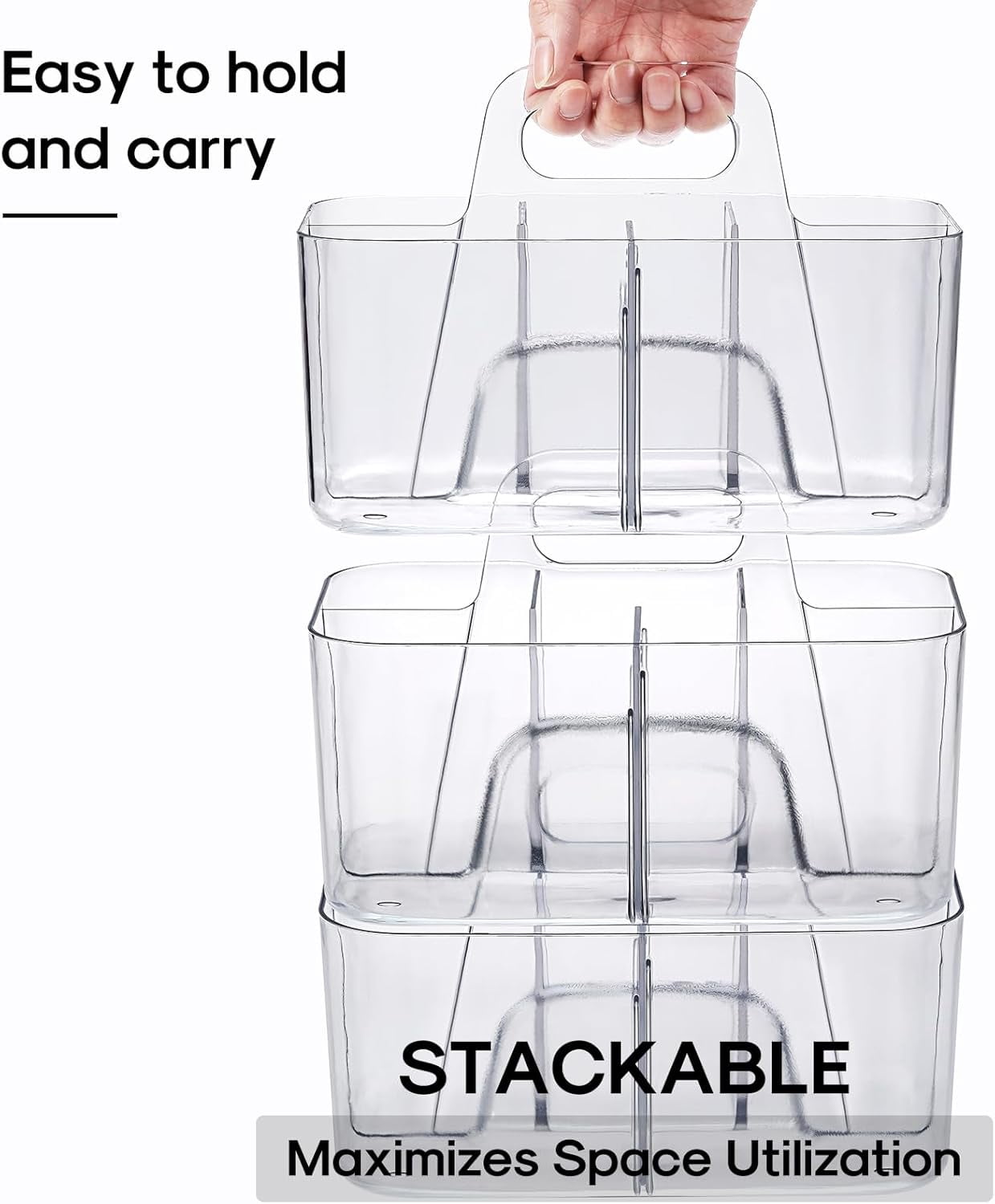 Ahot Multiuse Caddy Organizer with Handle - Stackable Plastic Tote Bin - Art Craft Supplies, Office, Desk, Stationery Pen Holder, Kitchen, Utensil, Makeup, Bathroom, Shower, Cleaning -Clear