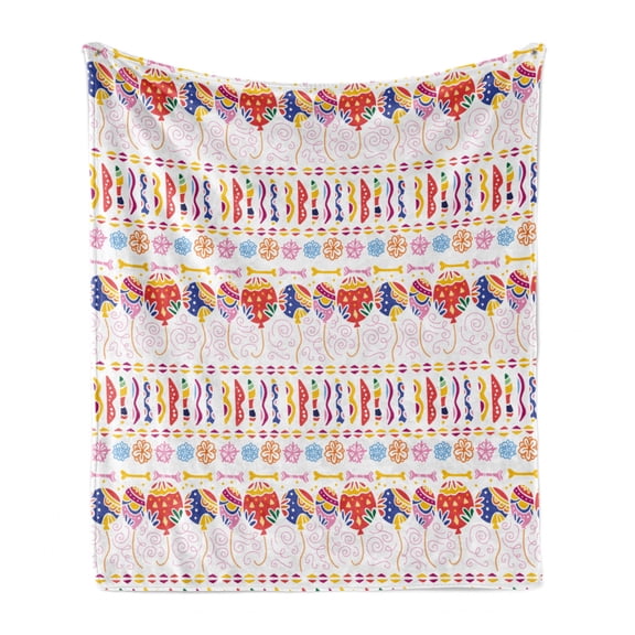 Spanish Soft Flannel Fleece Throw Blanket, Motifs Balloons and Flowers Hand Drawn Like Spirals Dia de Los Muertos, Cozy Plush for Indoor and Outdoor Use, 70" x 90", White and Multicolor, by Ambesonne