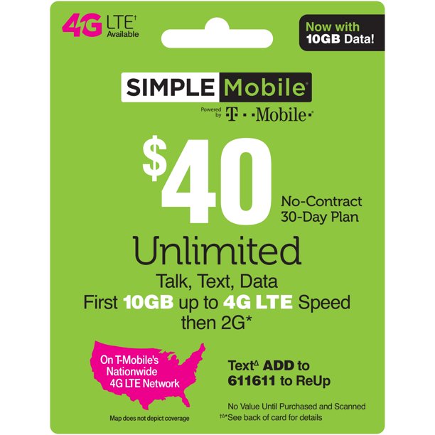 Simple Mobile 40 Talk, Text, Int'l Text & Data 10GB Airtime Card