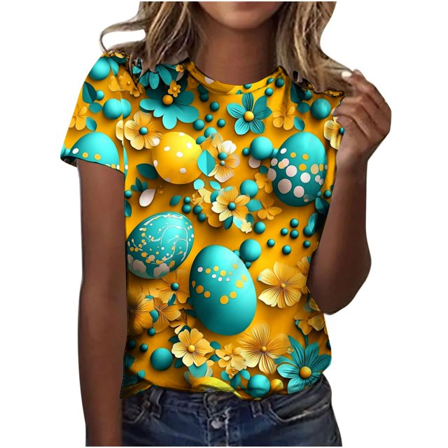 Pisexur Hauts pour Femmes Blouses Décontractées Élégantes Imprimé de Pâques Manches Courtes Col Rond, Grande Taille Multicolore, 3TG