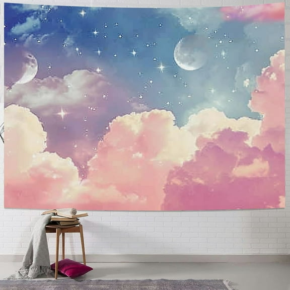 PRATYUS  Cloud Moon Phase Tapestry, Pink and White Cloud with Moon and Stars Wall Tapestry for Bedroom, Pastel Beautiful Sky Wall Hanging Tapestry Wall Art for Living Room Dorm Decor 40x30inch