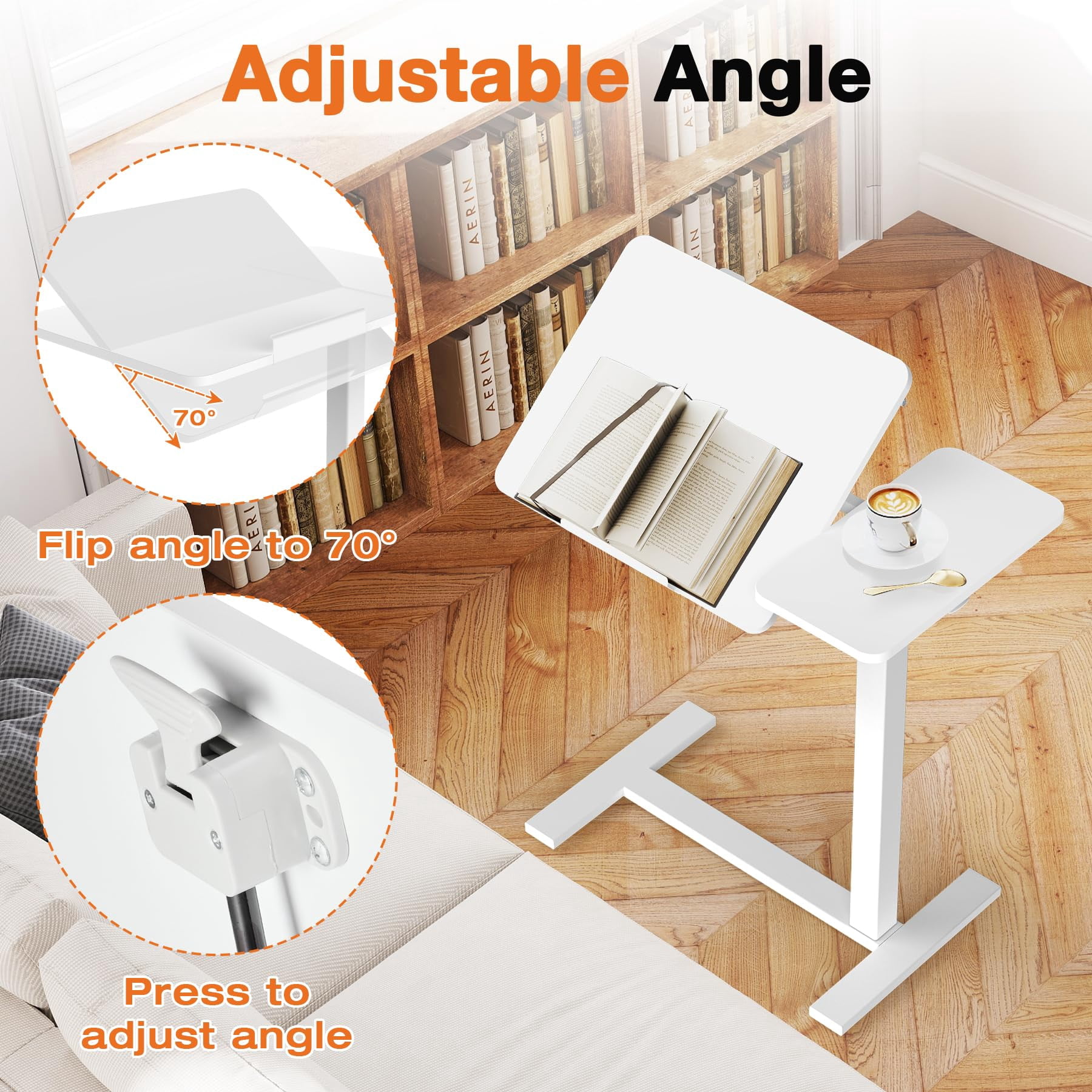 HomePerch Overbed Table with Wheels, Height Adjustable Rolling Laptop Desk for Bed or Sofa, Tilting Tray Table for Home Office, White Finish