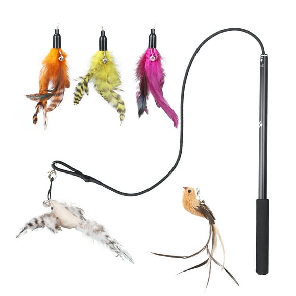 Interactive Cat Feather Toys Retractable Cat Charmer Wand and 5PCS Teaser Refills Worm