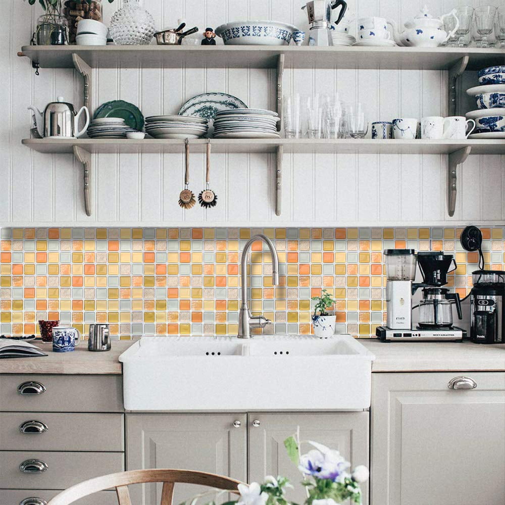 3d Mosaic Tile Sticker Removable Wallpaper Yellow  Self Adhesive Wall Tiles Bathroom For Kitchen Backsplash Pvc Square Decorative Vinyl Decals 4 Sheets