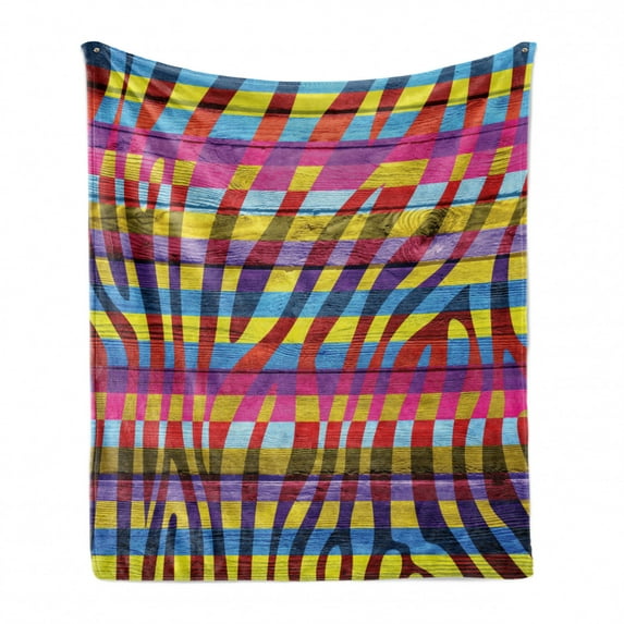 Zebra Print Soft Flannel Fleece Blanket, Vibrant Colored Zebra Print on Wooden Penal Vertical Curvy Lines Art Design, Cozy Plush for Indoor and Outdoor Use, 70" x 90", Fuchsia Yellow, by Ambesonne