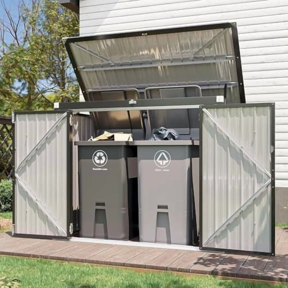 80 CU.FT Outdoor Storage Shed Metal Trash Can Storage with Chain Lid Waterproof Outdoor Garbage Can Organizer, Ideal for 2 Trash Bins, Generator, Garden Tools (Black)$$Garden & Patio